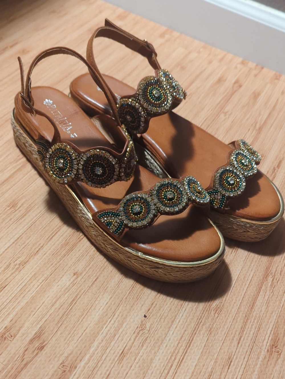 Patrizia Pepe Brown Leather Platform Sandals with Green & Gold Beaded Straps